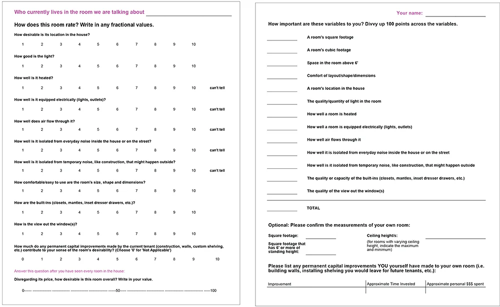 The discussion helped to identify primary criteria by which housemates were interested in evaluating and comparing bedrooms. Using these criteria, I designed a survey for a house-wide audit—allowing all housemates to evaluate each bedroom along a set of common, vetted criteria. On the day of the audit, along with their audit forms, housemates filled out a form indicating the weight they wished to give each of these criteria.