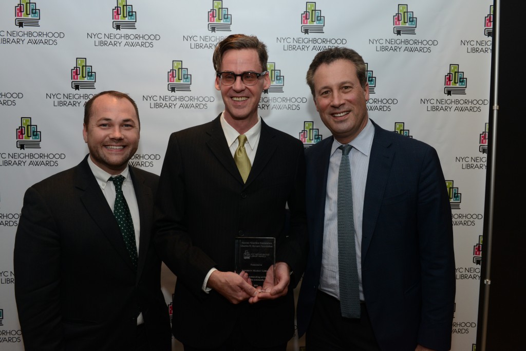 L to R: Councilmember Corey Johnson, Jefferson Market Library Manager Frank Collerius, and  NYPL President Tony Marx