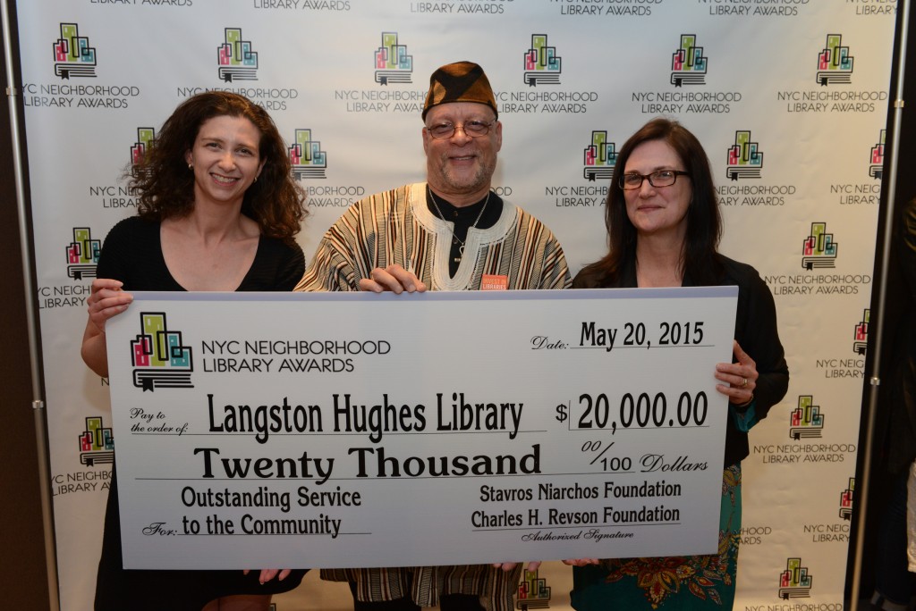 L to R: Library Awards Judge Julie Strauss-Gabel, Langston Hughes Library Manager Andrew Jackson, and QL Interim President Bridget Quinn-Carey