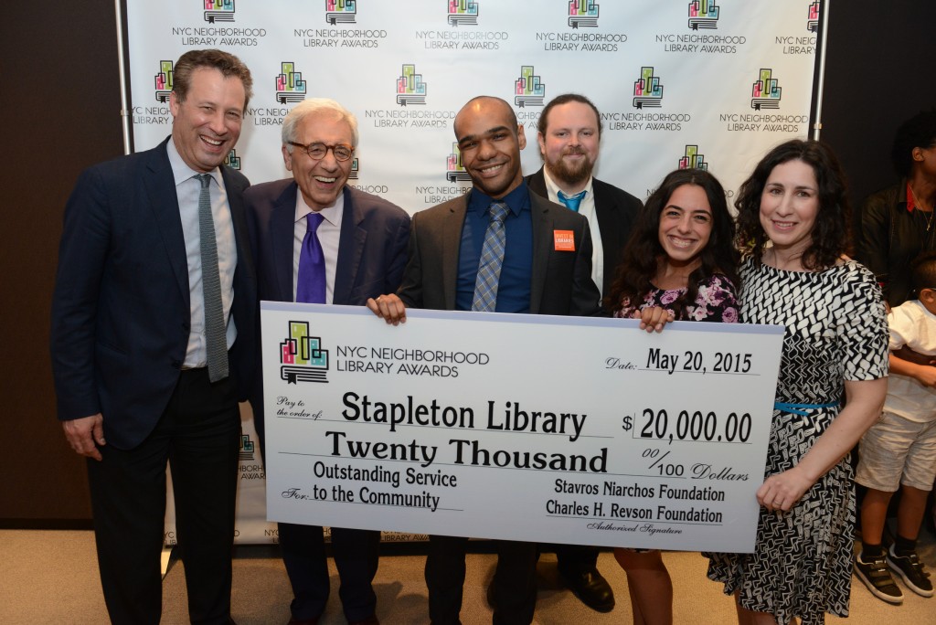 L to R: NYPL President Tony Marx, Revson Board Chair Reynold Levy, and Stapleton Library Staff