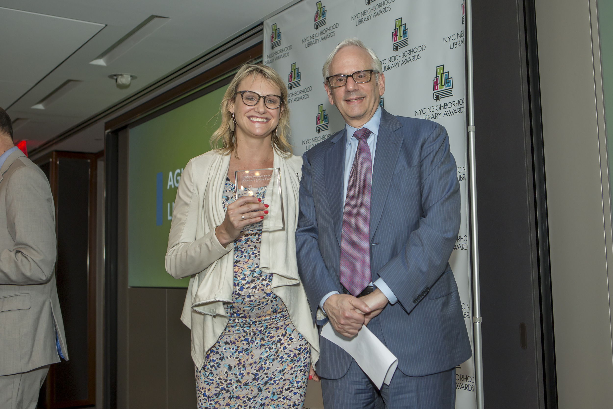 Caroline Schill, Manager of the Aguilar Library and Gerald Rosenfeld, Trustee of the Charles H. Revson Foundation