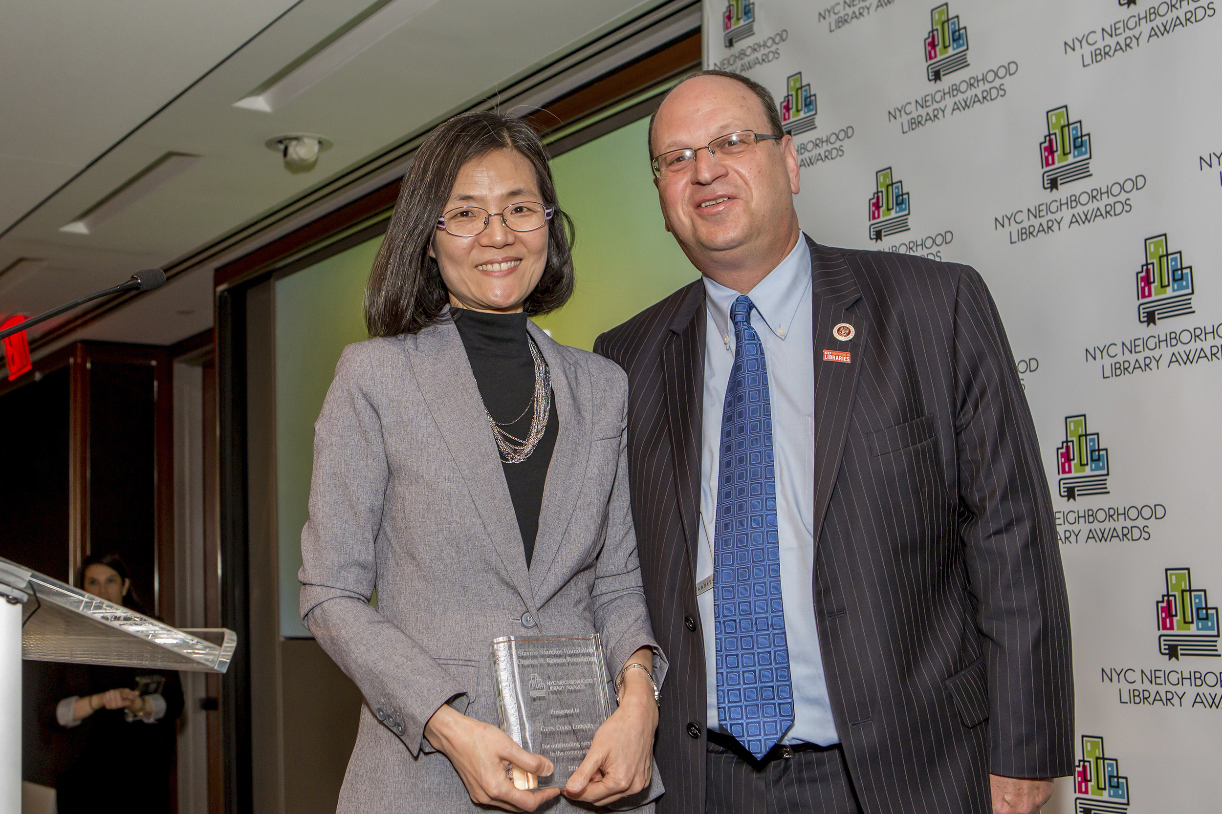 Youn-Shin Kim, Manager of the Glen Oaks Library and Council Member Barry Grodenchik