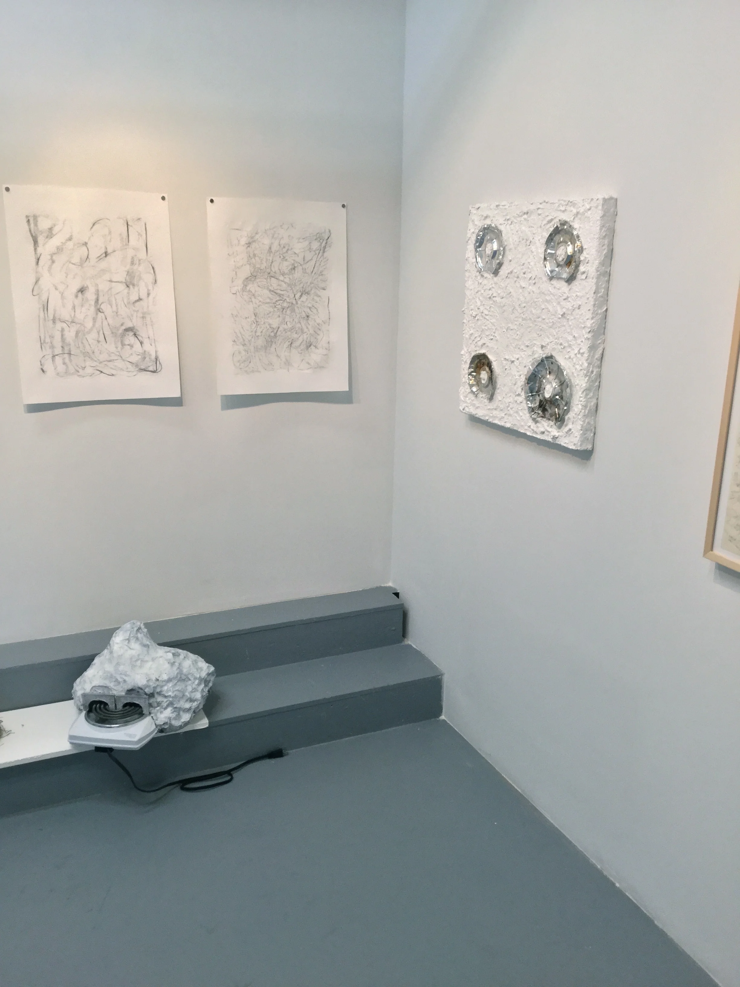 silverpoint, carving and china marker on paper, 2016 acrylic, wood, stove-top drip pans from my house, 2016 lard, papier mache, hot-plate, plaster , 2016