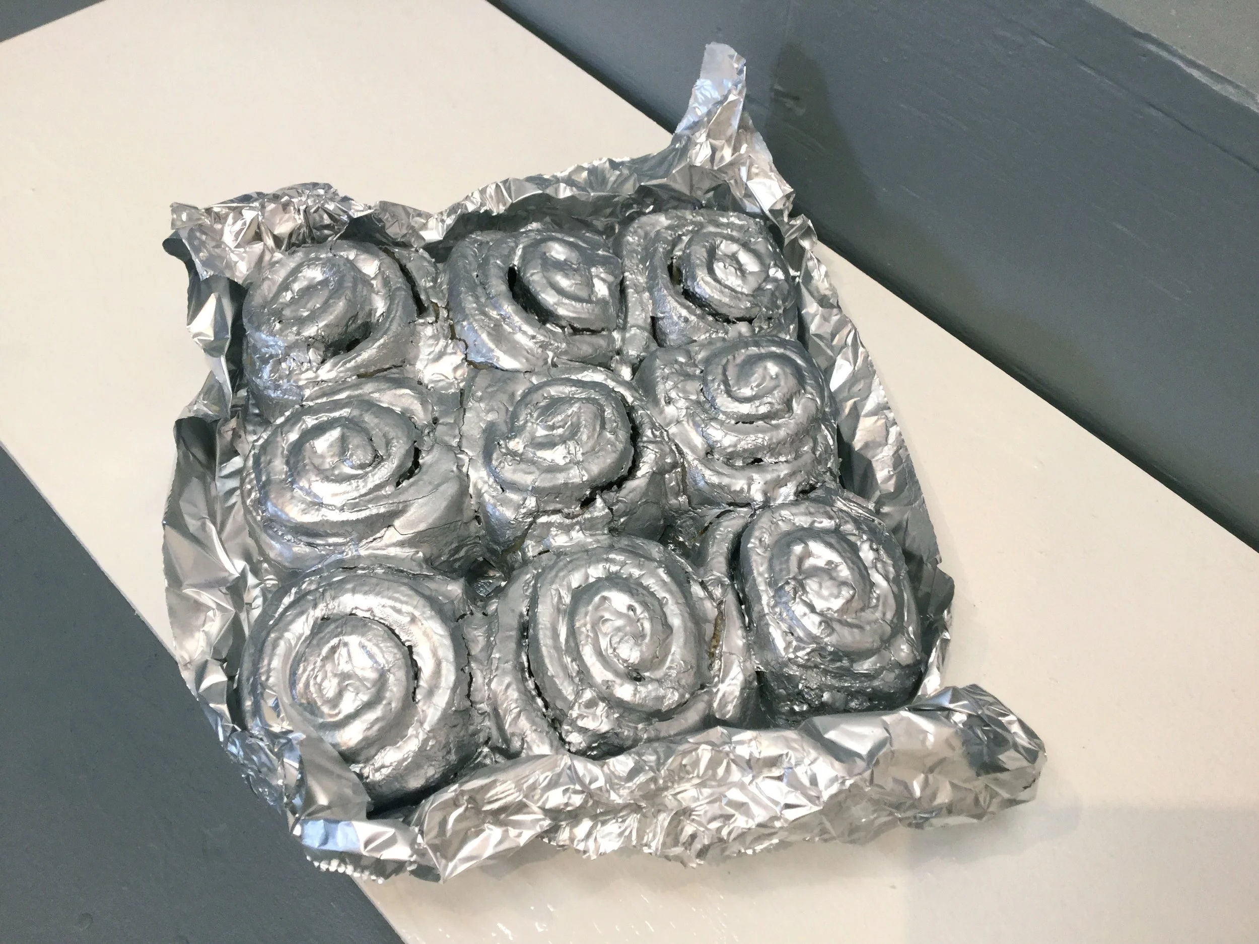 cinnamon bus, spray paint, aluminum foil, 2016