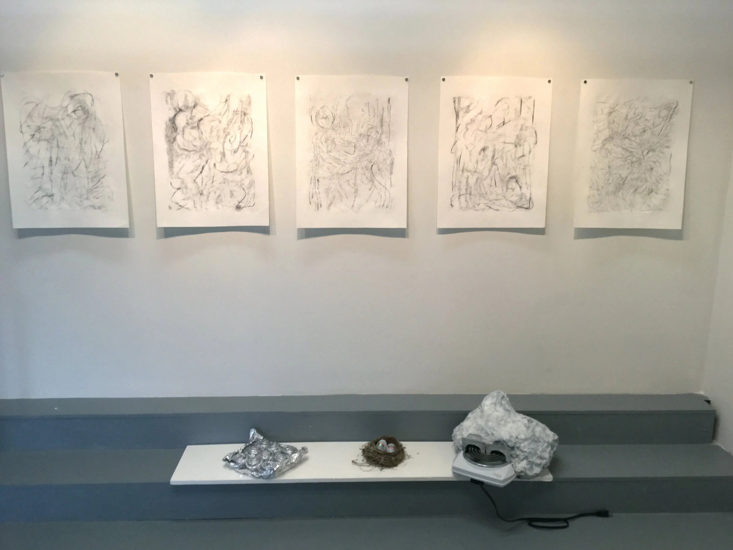 cinnamon buns, spray paint, aluminum foil, 2016 birds nest, Kinder Surprise, 2016 lard, papier mache, hot-plate, plaster , 2016 silverpoint, carving and china marker on paper, 2016