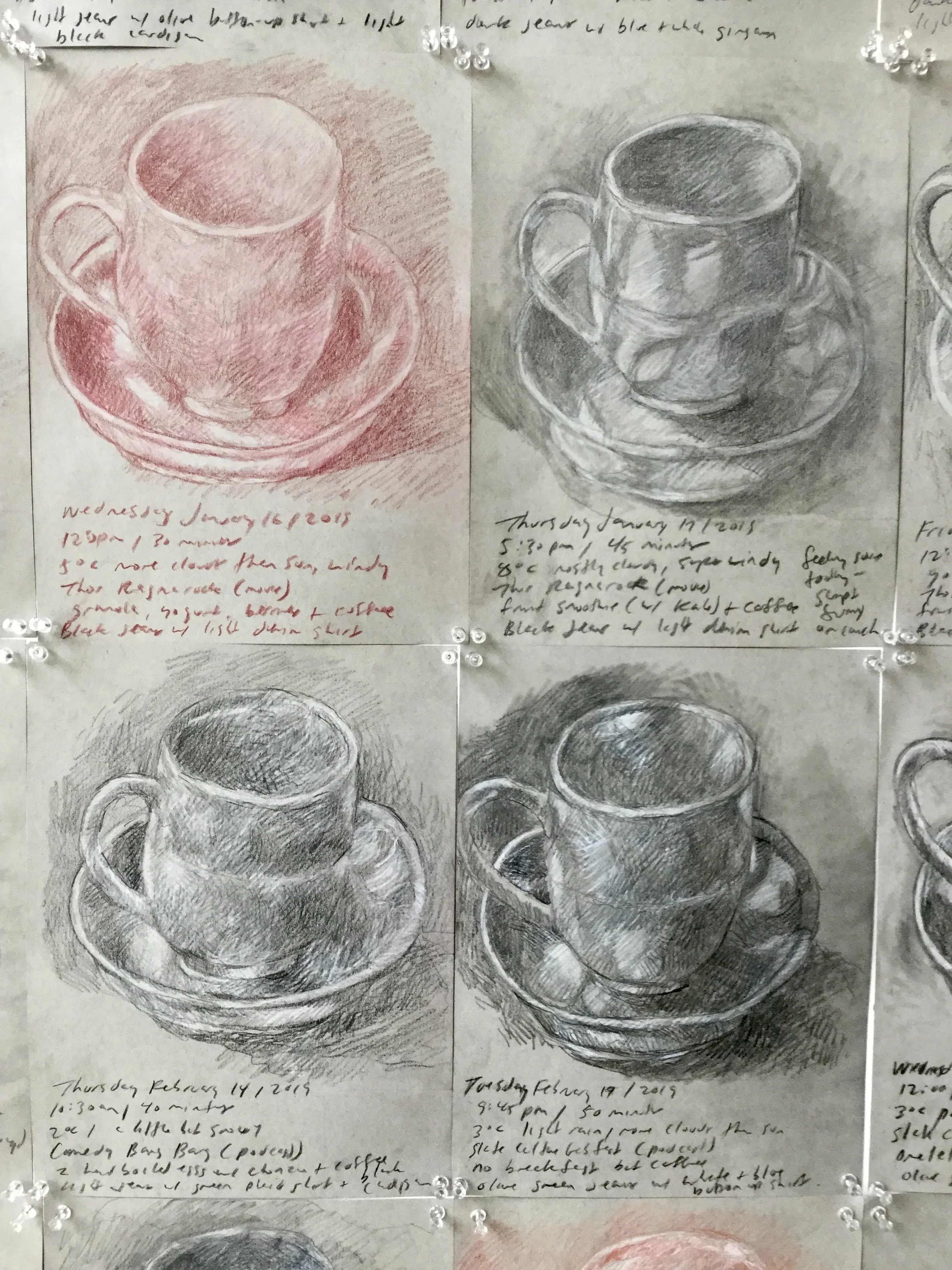 I drew this teacup everyday for a year, and it sometimes felt like penance, like punishment, like in the olden days where students would write on the chalkboard “I will not misbehave in class” over and over again, and here I am doing this on purpose.