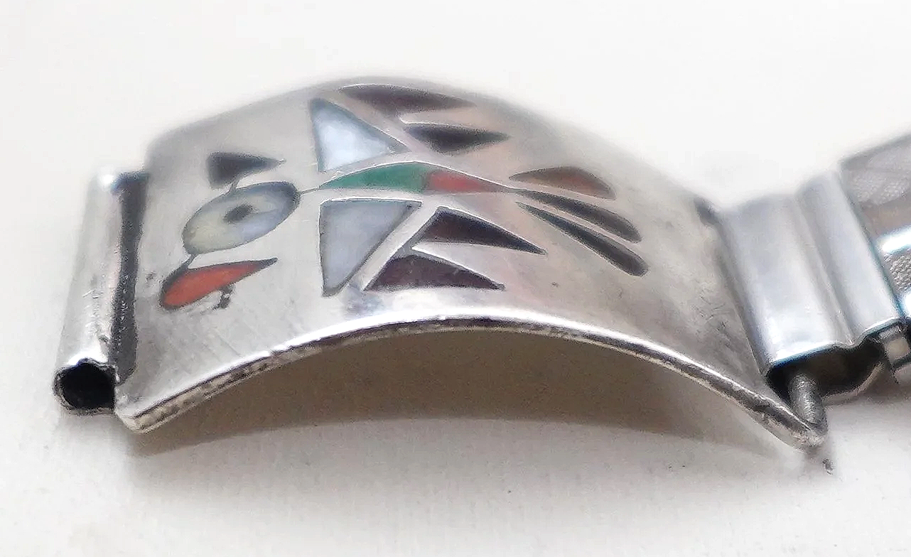 Vintage Men's Zuni Thunderbird Inlay Sterling Silver Watchband