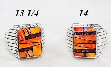Men's Navajo Spiny Oyster Inlay Silver Rings —Men's Multi Color