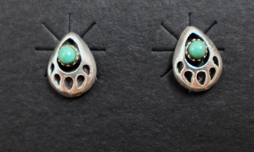 Navajo Sterling Silver Turquoise Bear Paw Post Earrings - 3/4 Inch, Native American Jewelry