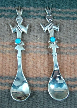 Item 487P- Navajo Turquoise His/Hers Yei Sterling Silver Salt Spoons  —*Spoons/Bowls/S&P Shakers