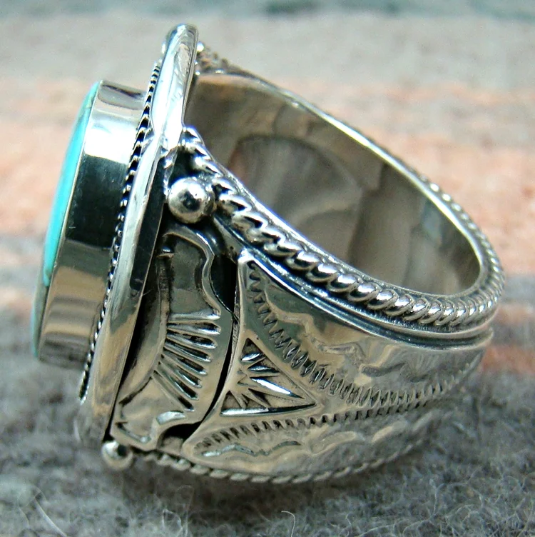 Item #786H1-Lg Heavy Navajo Turquoise Butterfly Decorated Rings by