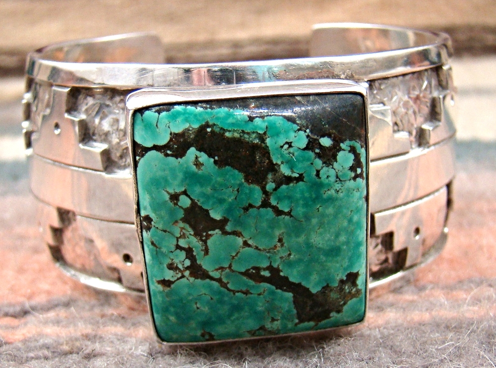 Item #786X- Lg Wide Heavy Navajo Square Turquoise Sterling Silver 