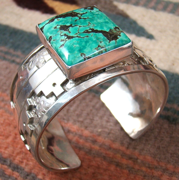 Item #786X- Lg Wide Heavy Navajo Square Turquoise Sterling Silver Adobe  Overlay Textured Cuff Bracelet by E.M. Teller —Men's and Women's Native 