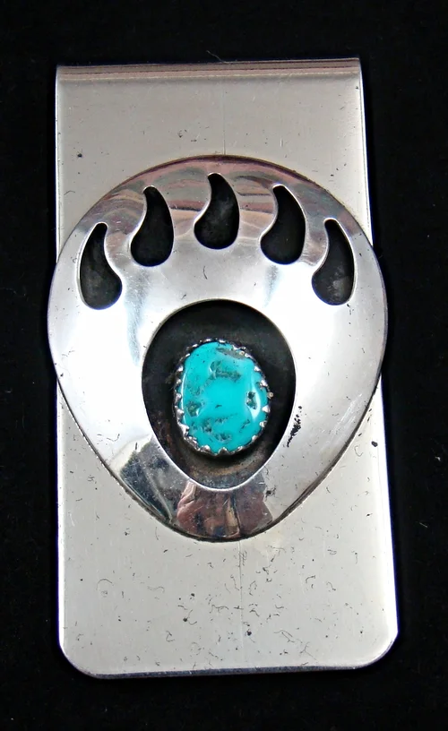 Item #791M- Lg Navajo Turquoise Bear Paw Shadowbox Money Clip by V