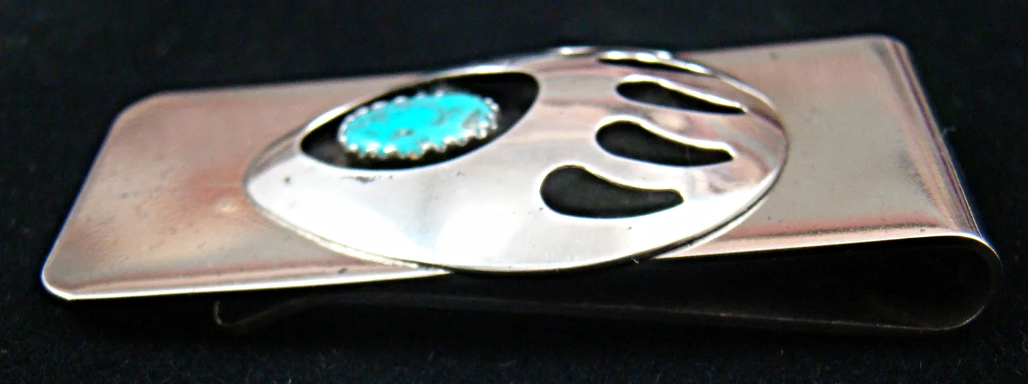 Item #791M- Lg Navajo Turquoise Bear Paw Shadowbox Money Clip by V