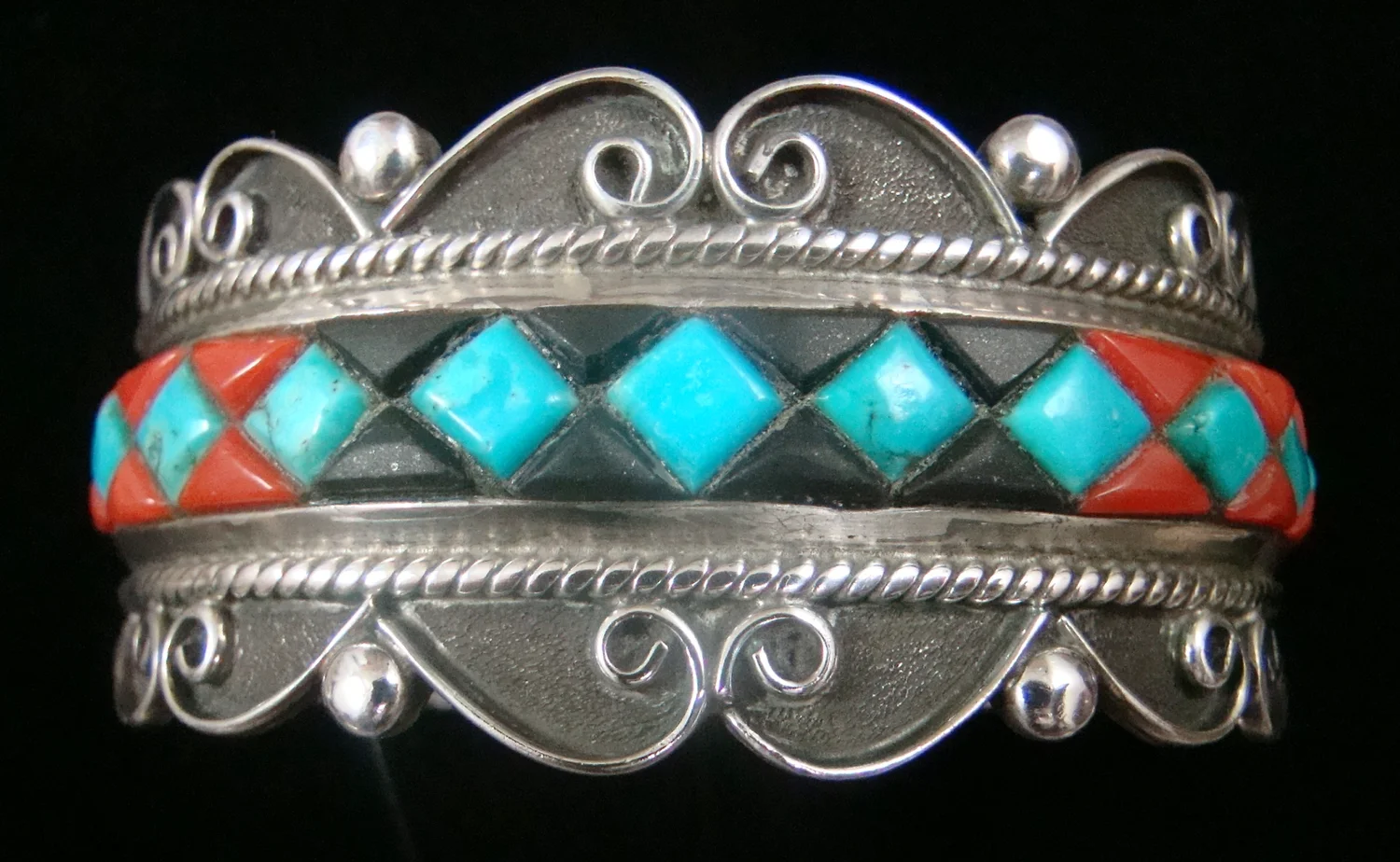 Item #806B- Vintage High End Navajo Raised Turquoise Coral Jet 