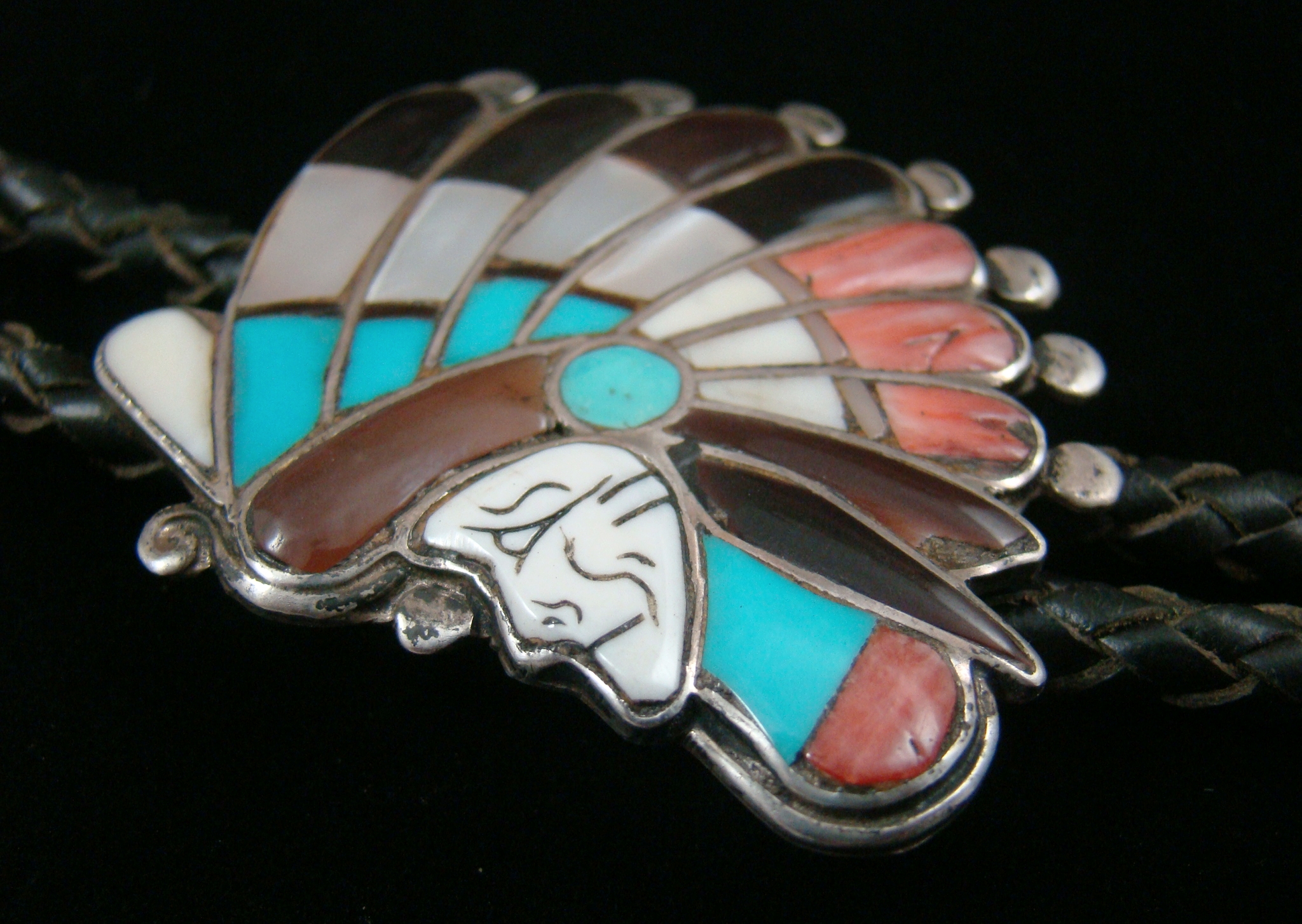 Vintage Large Native American Zuni Turquoise Inlay Sterling Leather Bolo