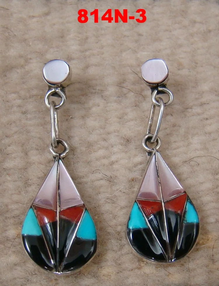 Item # 814N - Zuni Multi Stone Inlay Teardrop Earrings by R