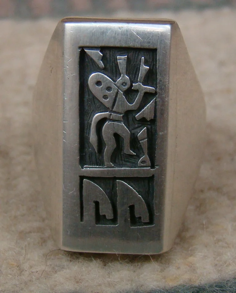 Item # 814R - Lg Hopi Rectangular Kokopelli Silver Overlay Cast