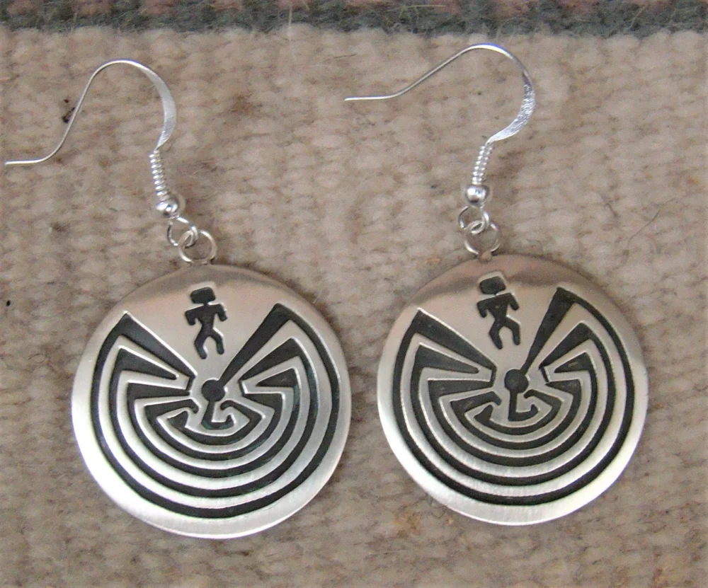 Item # 824W - Navajo Man in the Maze Silver Overlay Earrings by S