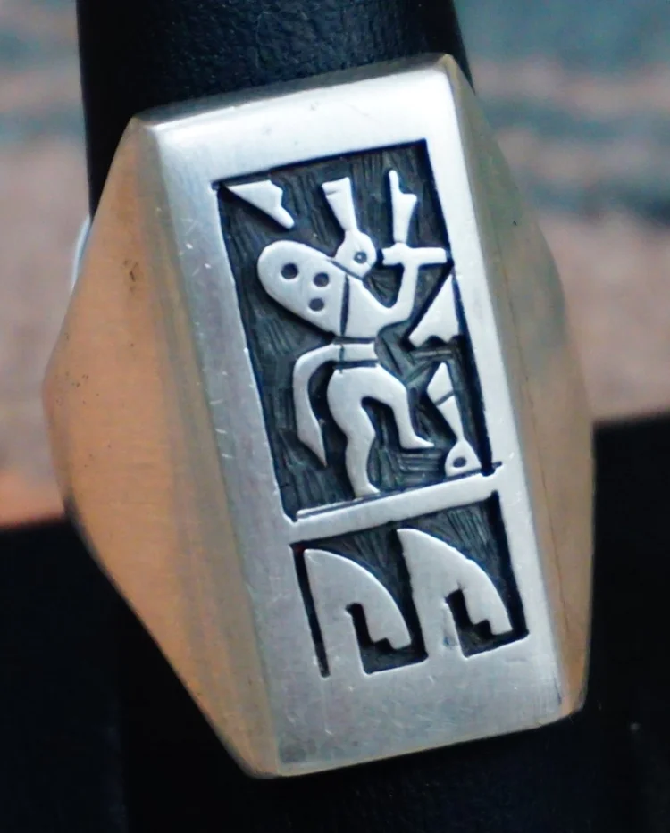 Item # 814R - Lg Hopi Rectangular Kokopelli Silver Overlay Cast