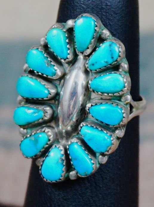 Item # 060E- Zuni 12 Stone Turquoise Cluster Rings by Mary and Felix Chavez  —Women's Native American Turquoise Rings- EAGLE ROCK TRADING POST-Native 