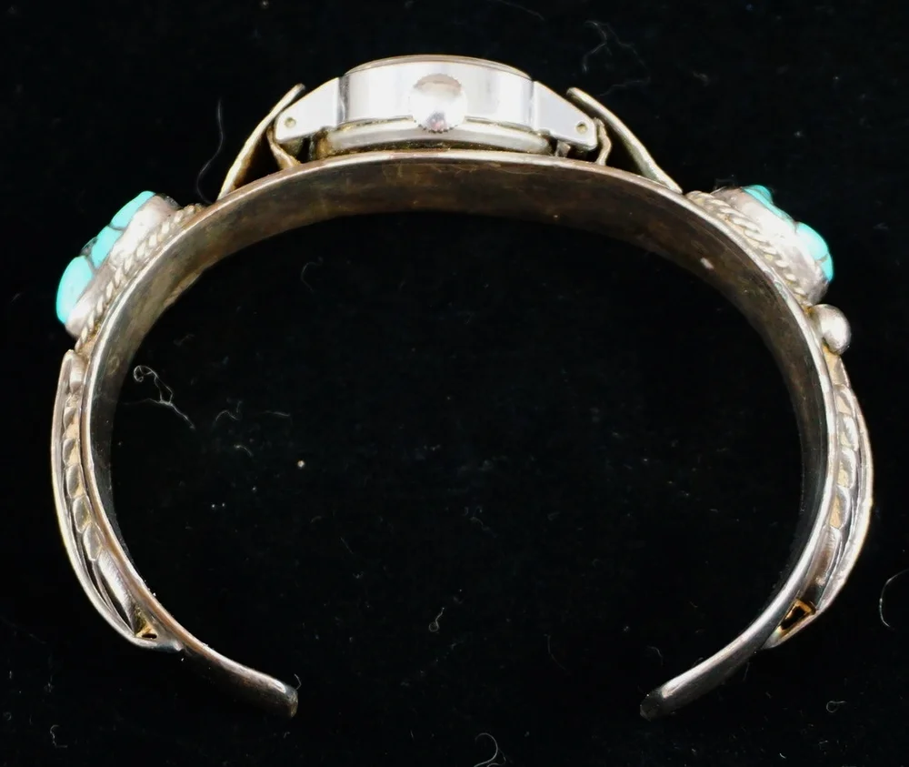 Item #830P- Vintage Navajo Turquoise Silver Leaves Watch  display picture 3