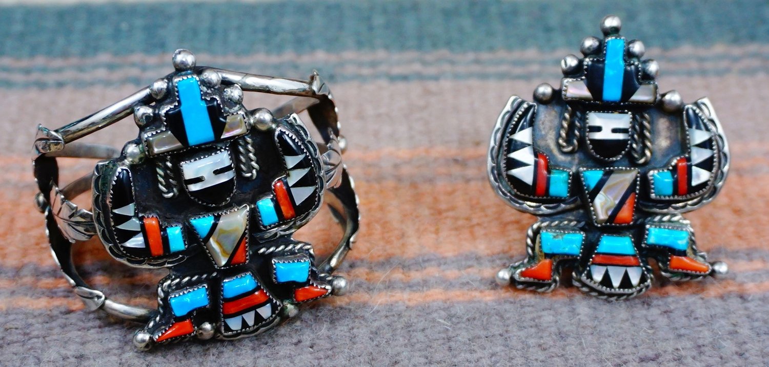 Item #831A- Vintage Zuni Multistone Inlay Knifewing Leaf Decorated Bracelet  and Ring Sz 8 Set —*Native American Bracelet & Ring/Earrings Sets