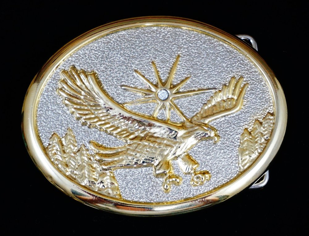 Item # 419Z- Lg Southwest Silver & Goldtone Flying Eagle w/CZ Diamond  Buckle 2 1/2 by 3 1/4 —Native American Turquoise Belt Buckles- EAGLE ROCK