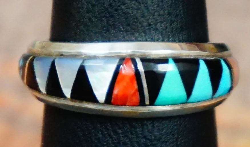 Item # 586W-Zuni Multi Stone Geometrical Inlay Ring Band Sz 7 3/4