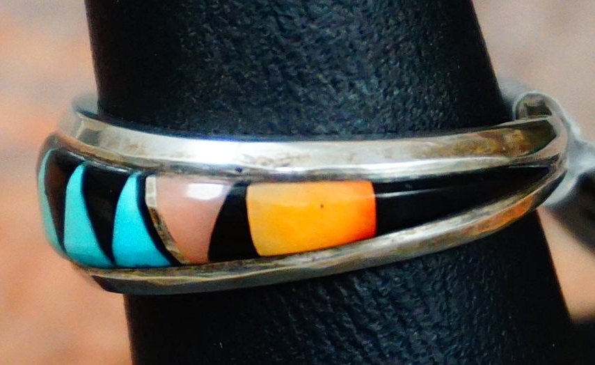 Item # 586W-Zuni Multi Stone Geometrical Inlay Ring Band Sz 7 3/4