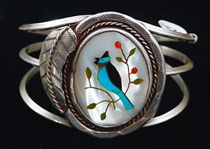 Item # 643B-Lg Zuni Multi Stone Inlay Bluebird w/Silver Leaf