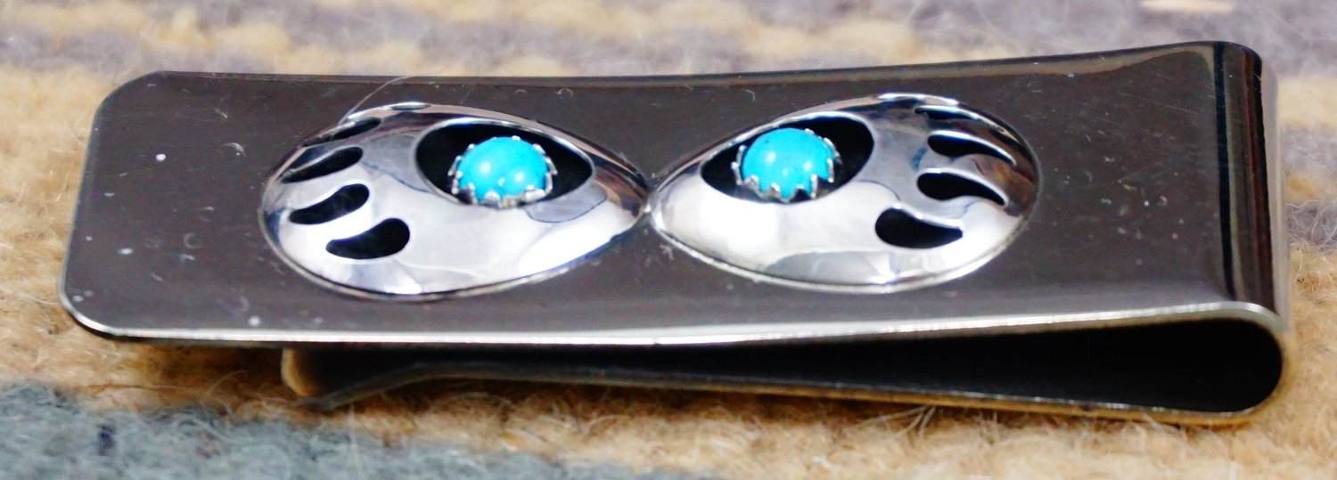 Item #835B- Navajo Double Turquoise Shadowbox Bear Paw Money Clip