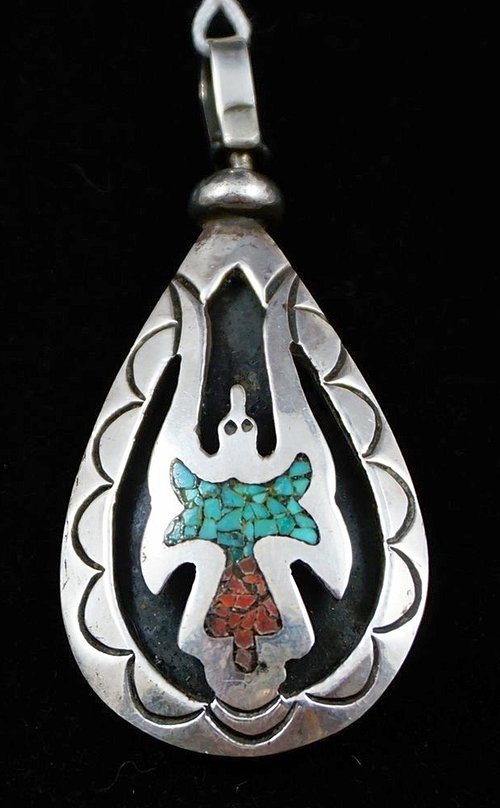 Details about    Sterling Silver Teardrop Shaped Pendant W Chip Turquoise & Coral Inlay 