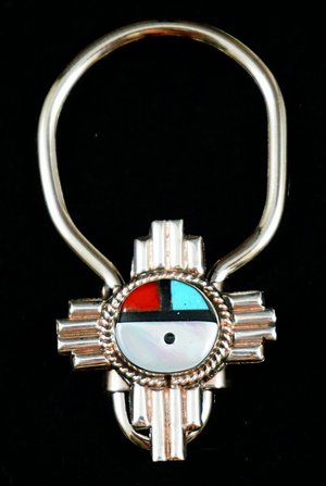 Item #835K- Zuni Multistone Inlay Zia Sunface Silver Key Rings by