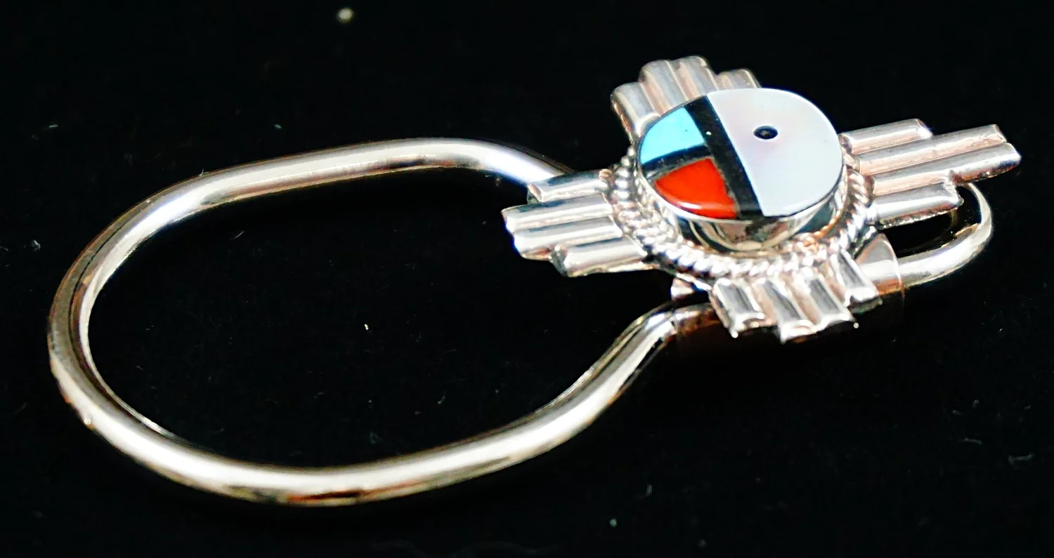 Item #835K- Zuni Multistone Inlay Zia Sunface Silver Key Rings by