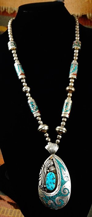 Vintage Brass Beads Necklace w Turquoise Inlay /& Heavy Copper Pendant  Tribal Necklace  Thread Cord Closure  Ethnic Necklace 70/'s  17