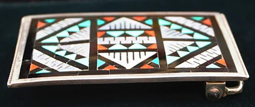 Item #837Z- Zuni Multistone Geometrical Inlay Belt Buckle by