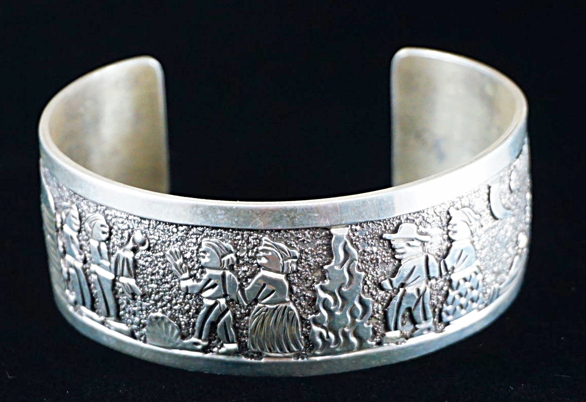 Item # 673E-Navajo 3 Framed Storyteller Silver Overlay Bracelet by