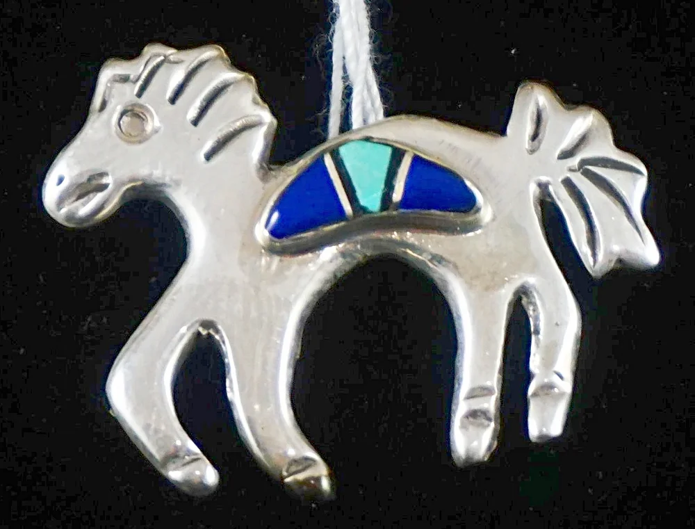 Item 674P-Navajo Turquoise Lapis Jet Inlay Cast Silver Horse Pin