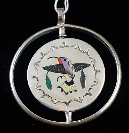 Zuni Multi Stone Inlay Cardinal Owl Spinner Pendant Booqua