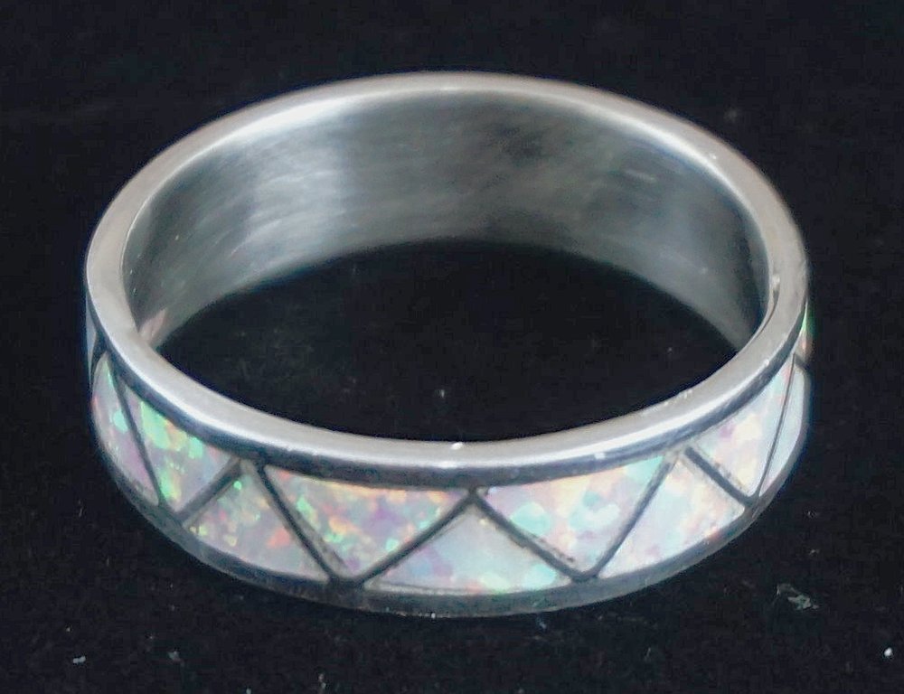Item #843R- Zuni Lab Opal Zig Zag Inlay Ring Bands Item #843R- Zuni Lab Opal Zig Zag Inlay Ring Bands