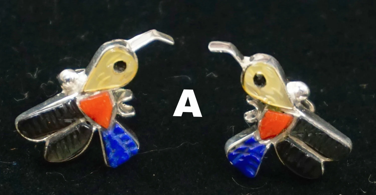 Item #852K- Sm Zuni Etched Multistone Inlay Hummingbird Earrings 