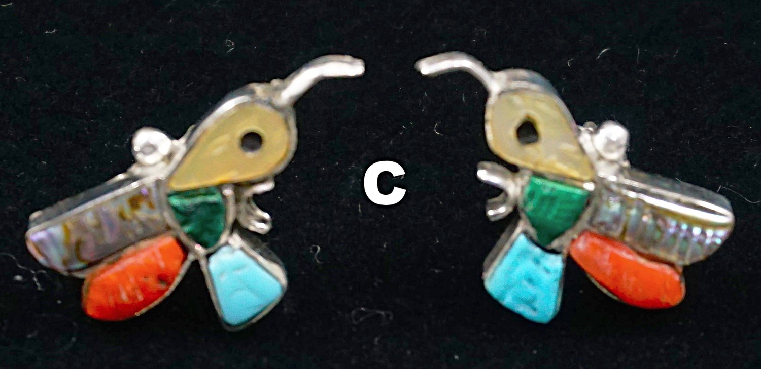 Item #852K- Sm Zuni Etched Multistone Inlay Hummingbird Earrings 