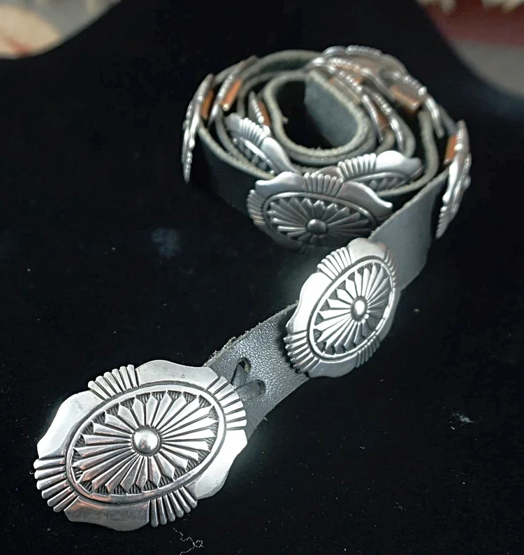 Item #854R- Vintage Hopi 14pc Silver Sunburst Overlay Concho Belt