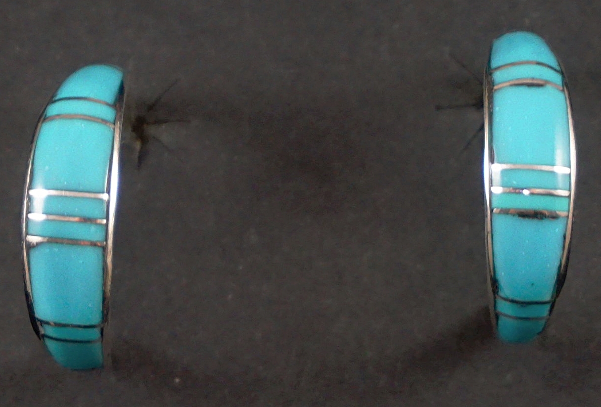 Item #857B- LG 7/8 Dia Zuni Turquoise Channel Inlay Sterling Silver Half Hoop Earrings by Kerrie Peina