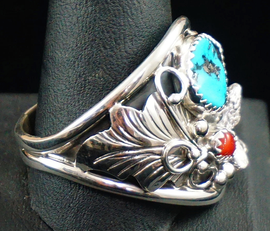 Item #858B- Men's Navajo Turquoise Coral 3-D Silver Wolf Leaves Ring by ...