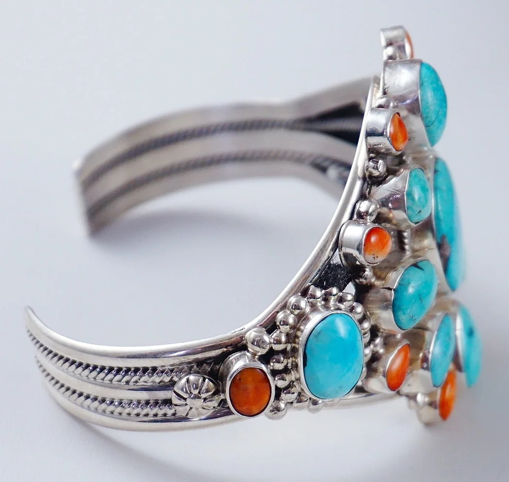 large-navajo-turquoise-orange-spiny-oyster-cluster-silver-bracelet-roie-jaque-858r-1.JPG