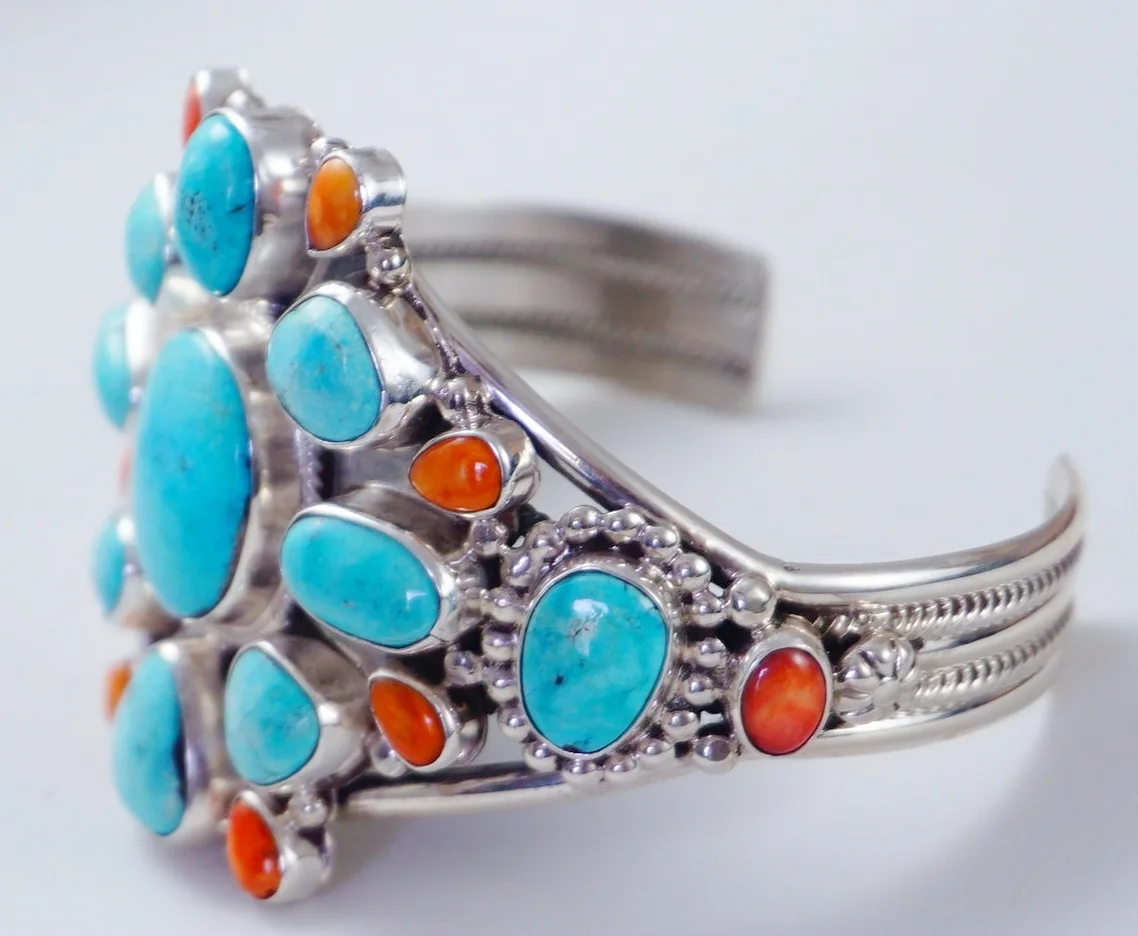 large-navajo-turquoise-orange-spiny-oyster-cluster-silver-bracelet-roie-jaque-858r-2.JPG