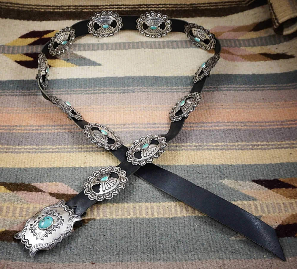 Item #862R- Navajo Turquoise Stamped Silver Concho Belt by  display picture 2